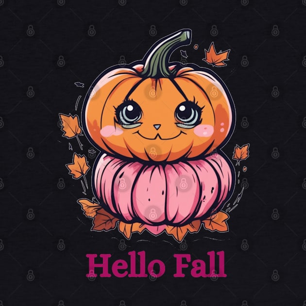 Hello Fall Kawaii Pumpkin by Cotton Candy Art